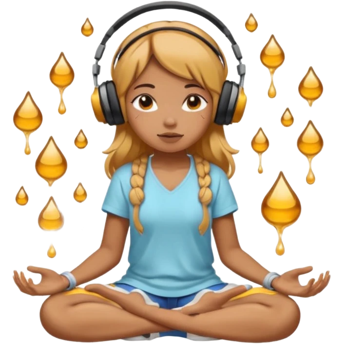 This girl(🧘🏻‍♀️) is sitting cross-legged in a meditation pose, wearing headphones(🎧) and listening to music. The song is so good that honey is dripping from her ears, and her expression is completely dazed because she’s enjoying the music so much. emoji
