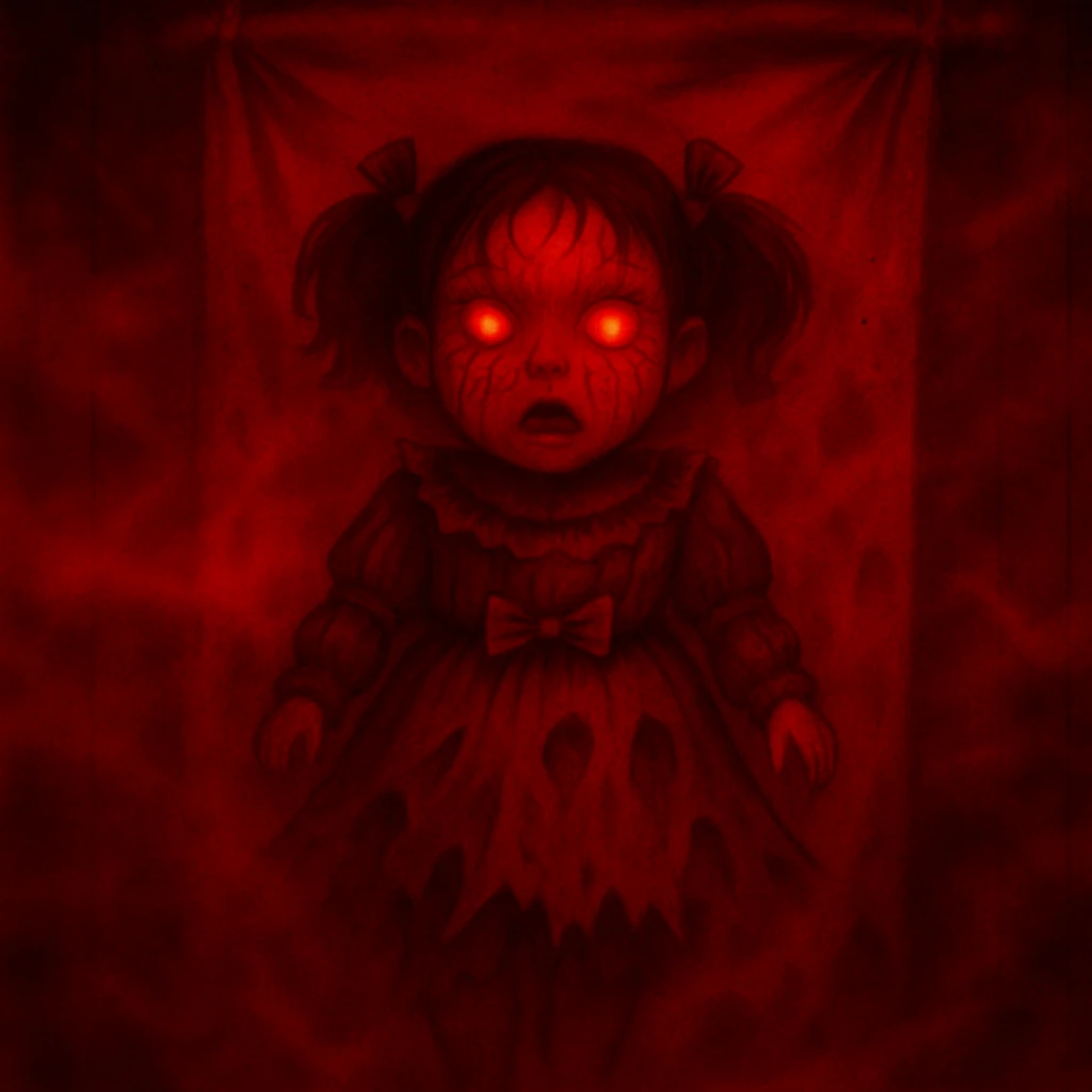 Change the color scheme to red and black with intense red fog and mist, creating an overall red horror palette. Keep all other details unchanged. emoji