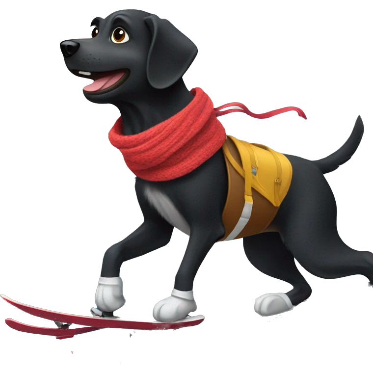 Black dog skiing down a mountain with a scarf and helmet emoji