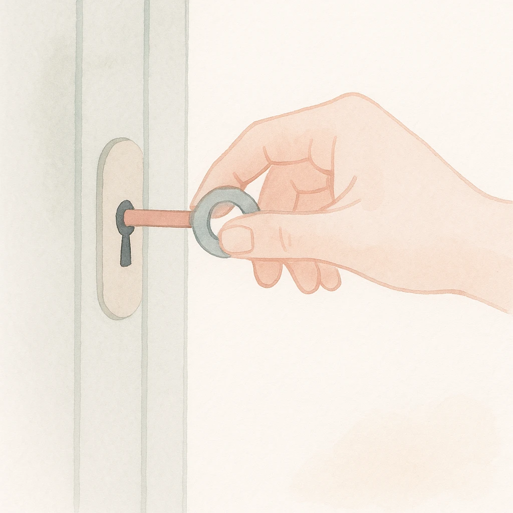 soft watercolor illustration in a minimalist modern style, a hand putting a key into the keyhole on a door, pastel colors, delicate linework, gentle whimsical mood, minimal soft shading emoji
