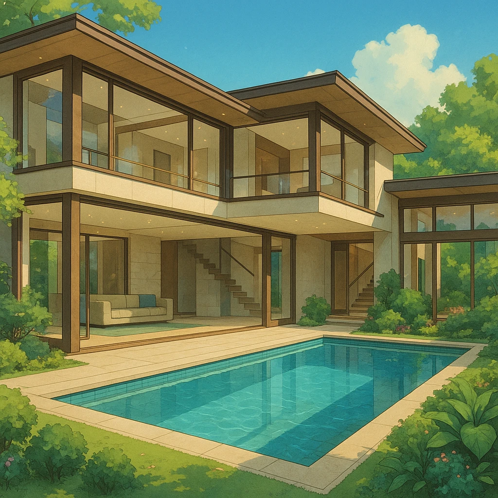 stunning luxury home with large windows and an indoor pool, elegant modern architecture, lush landscaping, ghibli style emoji