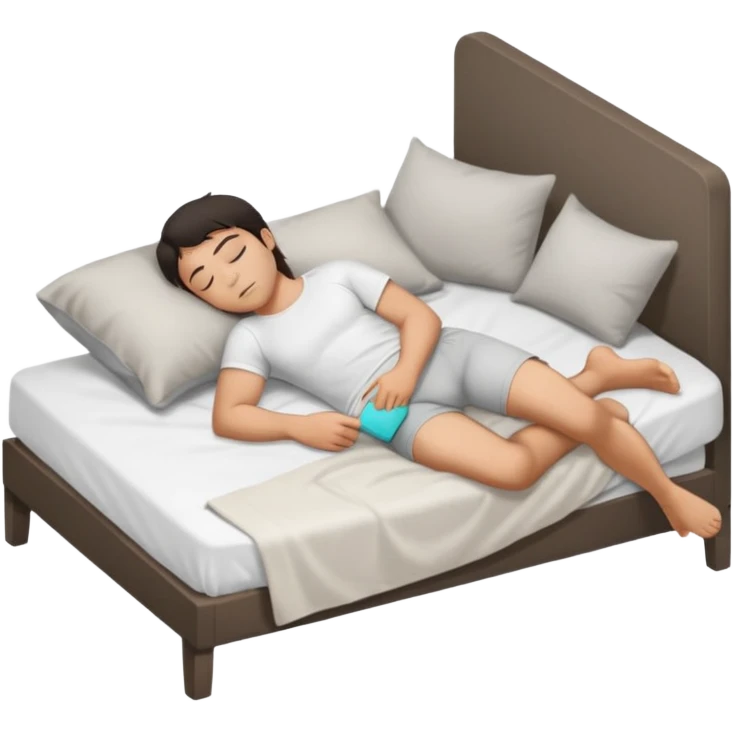 rapaz de cabelo escuro dormindo de lado, de  corpo inteiro usando camiseta branca e cueca cinza claro emoji