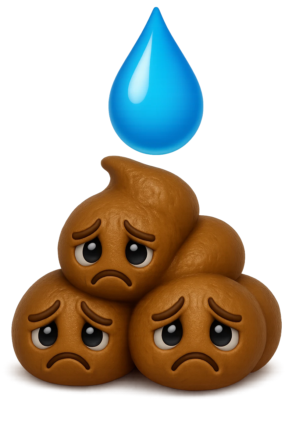 emoji stile iphone di una montagnetta di feci umane realistiche a palline tristi con sopra un simbolo delle gocce di acqua, iperrealistico 4k emoji