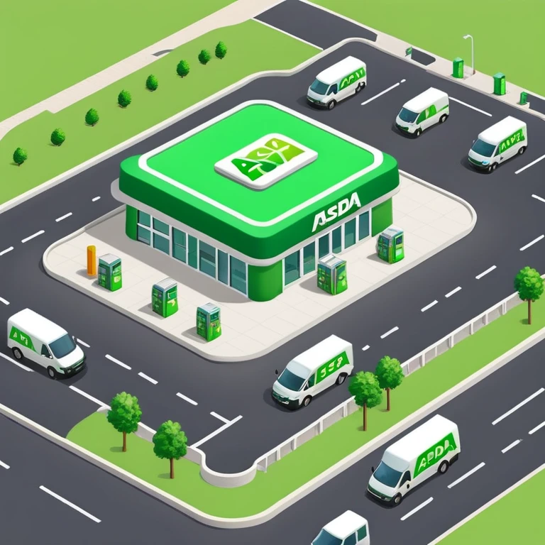Isometric ASDA store with green logo, petrol station, large parking area, and delivery vans emoji