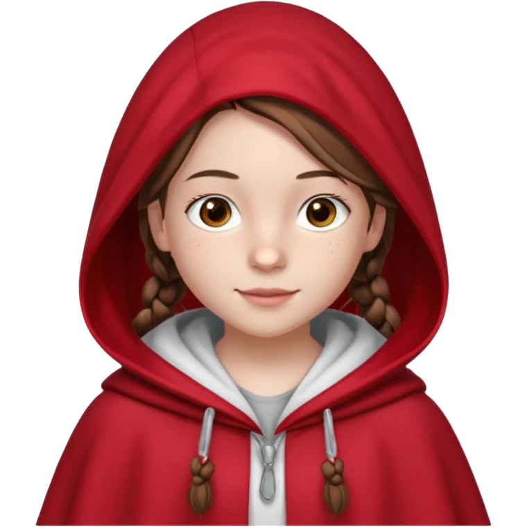 A 12-year-old girl, with fair skin, freckles, and a warming smile that shows her pale pink lips. She has big brown eyes and normal eyebrows. Her brown hair is styled in French braids that reach her breasts. She wears a bright red hooded cloak with the hood drawn over a pretty white tank top. emoji