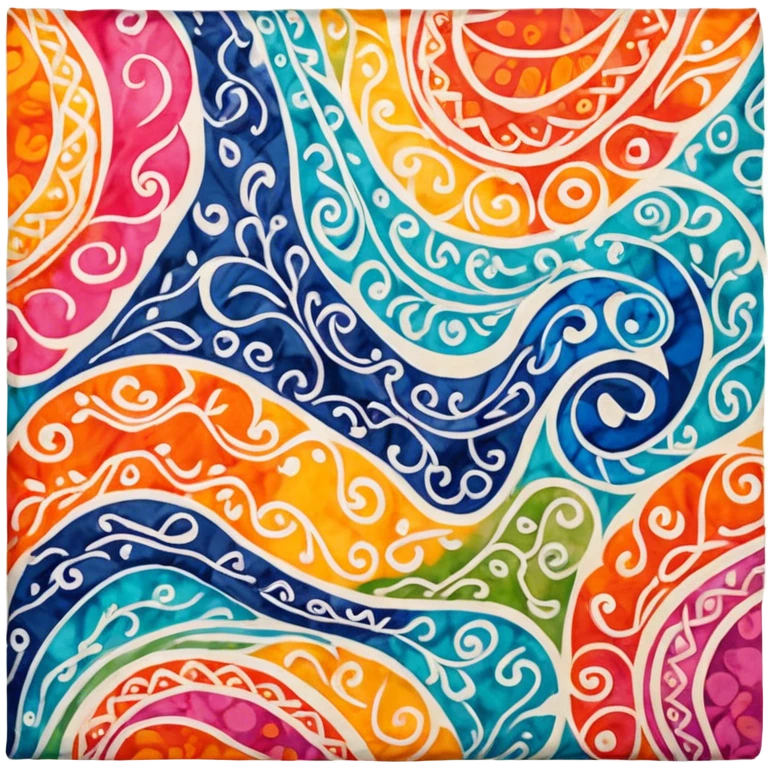 Batik art icon, colorful fabric with wax patterns, fabric folded artistically, vibrant colors, fluid lines, minimalistic design, transparent background. emoji