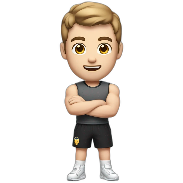 Close up Actively gesturing  with hands Pale skinned Fit Man With the biceps and brown hair in dark gray Sleeveless Mike, black oversize sports shorts, watch and white Sneakers emoji