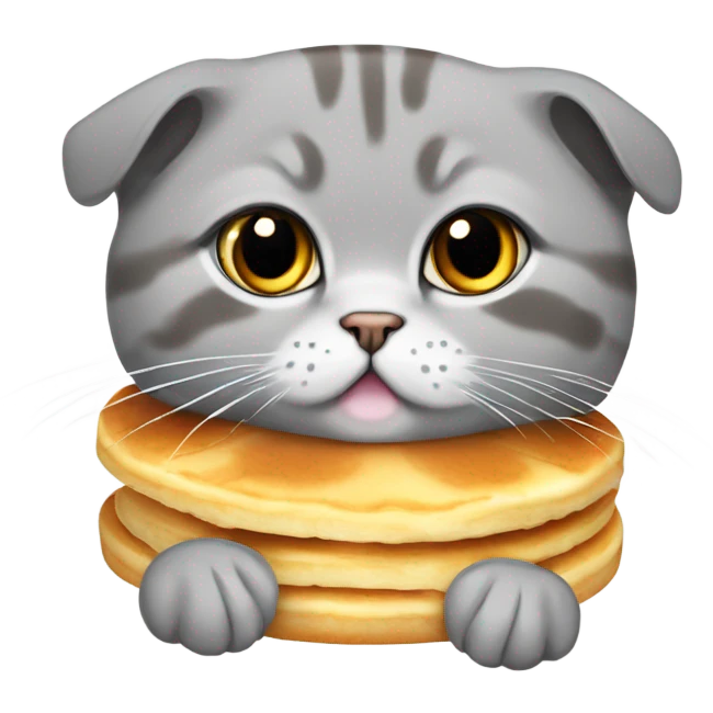 a grey scottish fold cat with a pancake on its head emoji