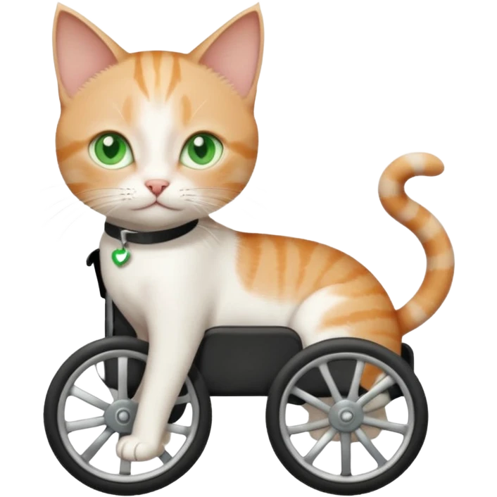 full body small short hair ginger and white cat with green eyes walking in a wheelchair for cats emoji