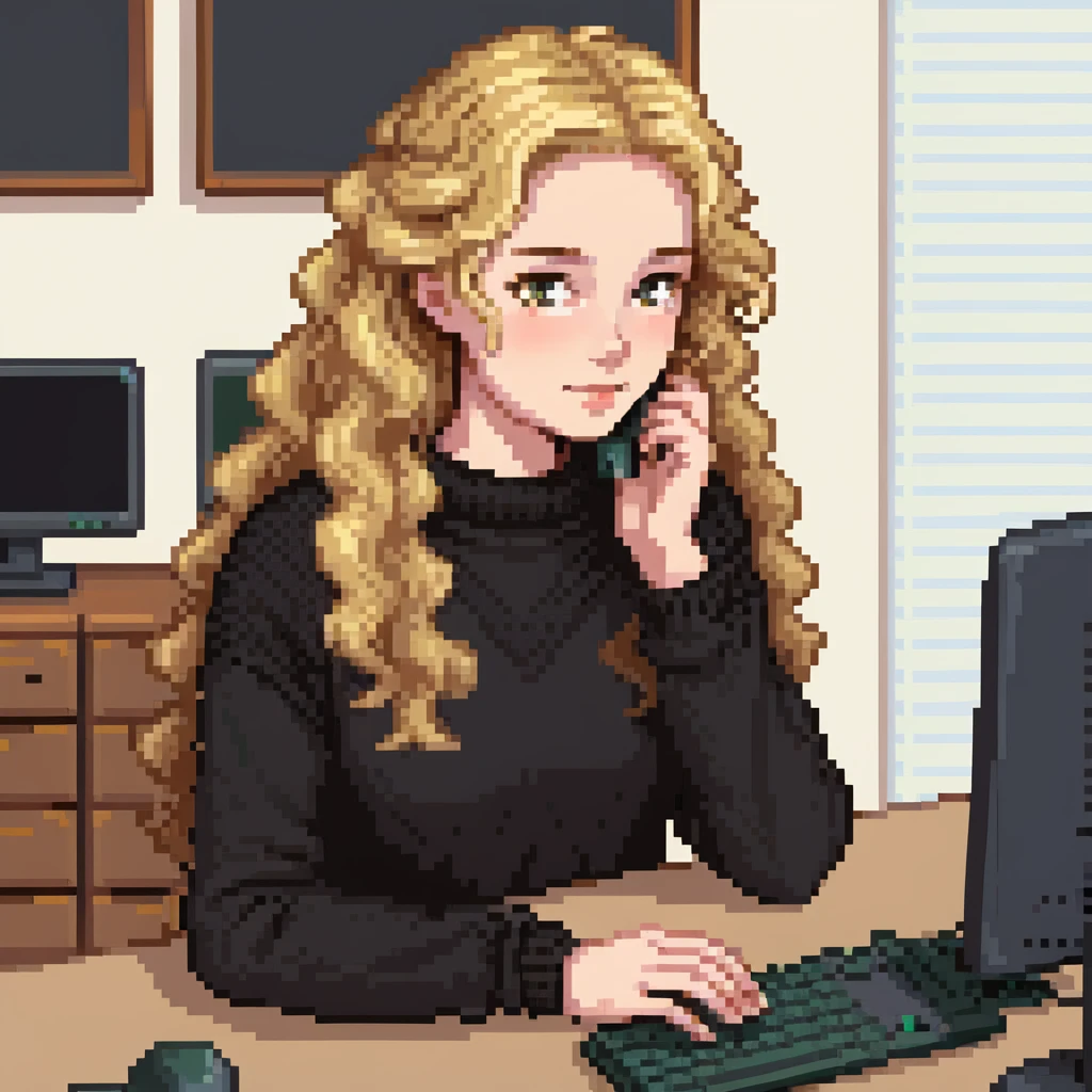 pretty brown-eyed blonde young woman with wavy hair, wearing a black sweater, working on a computer in a cozy office emoji