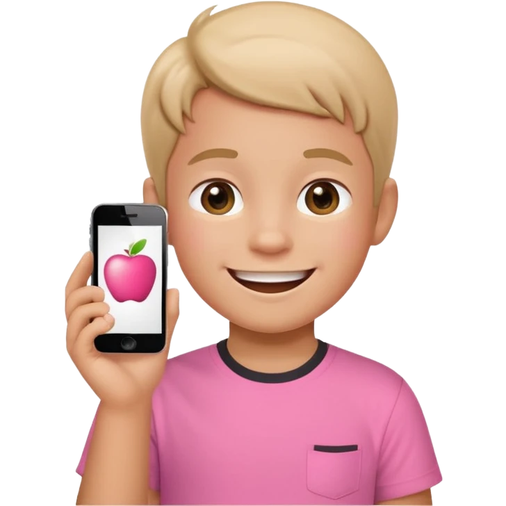 happy little kid with a phone, pink shirt, apple style emoji emoji