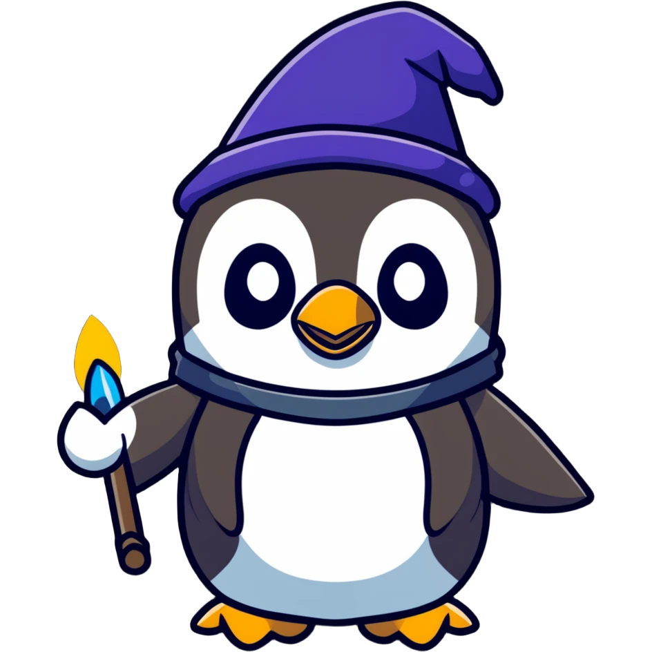 cute penguin wizard casting spell with wand emoji