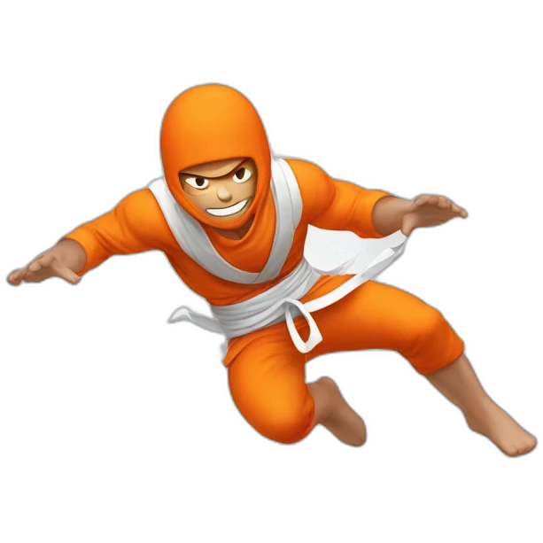 male Ninja Warrior athlete in orange white cloths, captured mid-air emoji