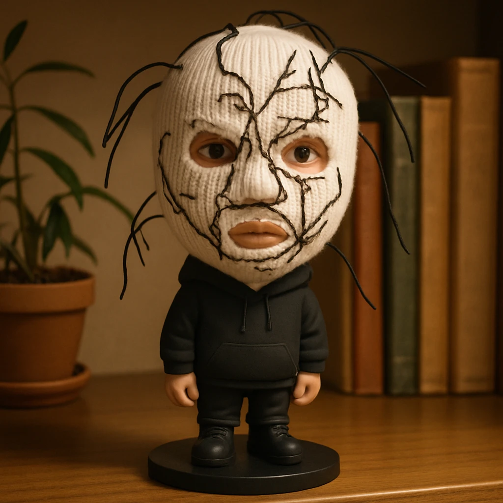 The mask is a full-head, white knitted balaclava with a tight ribbed texture. It features two asymmetrical eye openings and a partially exposed mouth area. Black thread is stitched across the surface in chaotic, abstract lines that trace facial features, giving a hand-drawn effect. Several black cords extend outward from the mask, varying in length and direction, adding a sculptural, almost organic appearance. The overall look is bold, handcrafted, and visually striking. emoji