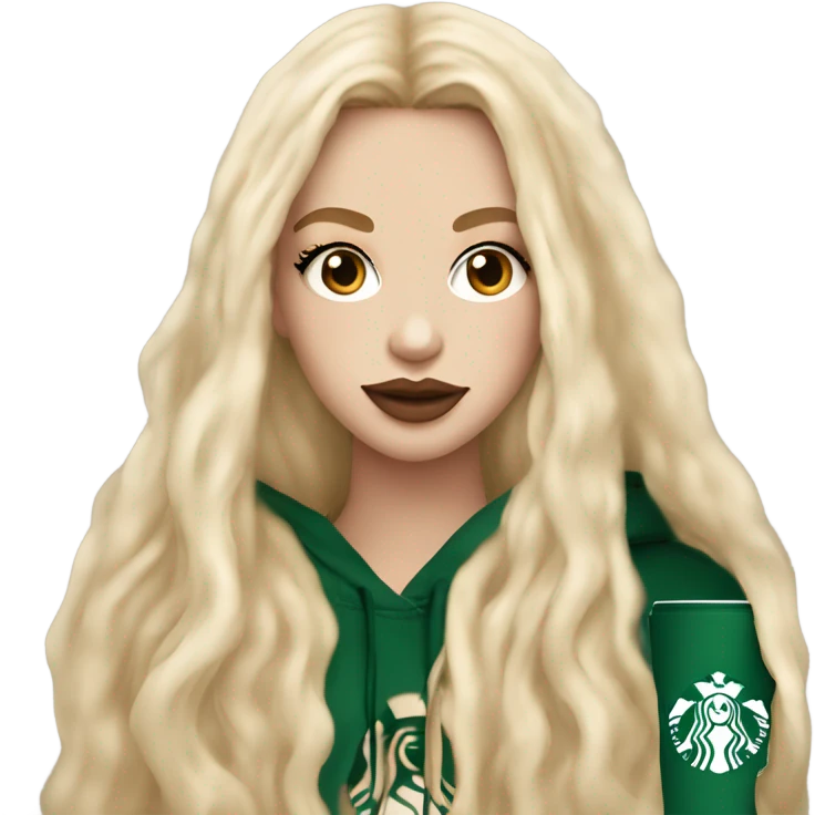 White skin girl with long blonde hair extensions with big lips and lashes with a Starbucks in her hand and a beige hoodie on emoji