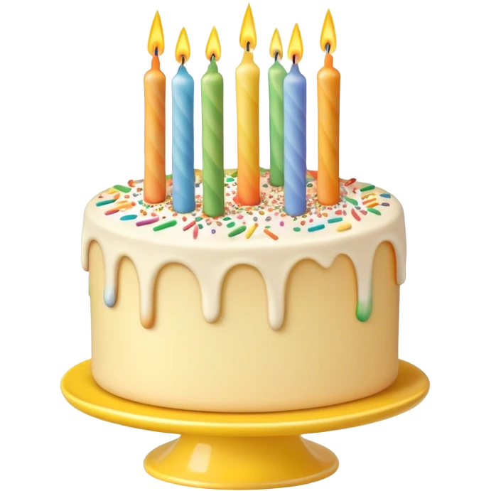 Realistic beige and white vanilla birthday cake with candles and rainbow sprinkles, on a yellow cake stand emoji