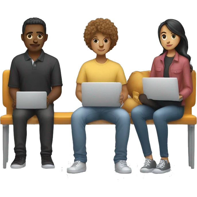2 girl and 3 man each of them holding laptop and sit together  emoji