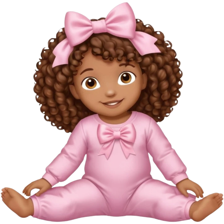 Brown skin 6 month old baby with brown curly hair down laying down smiling with satin baby pink onesie and white bow emoji