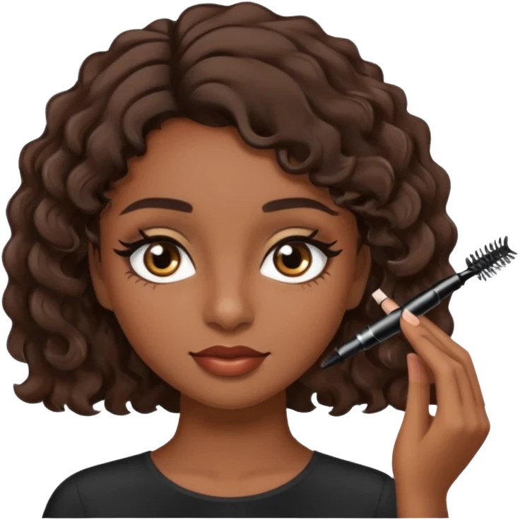 Garota parda de cabelos ondulados castanhos escuros curto aplicando máscara de cílios emoji