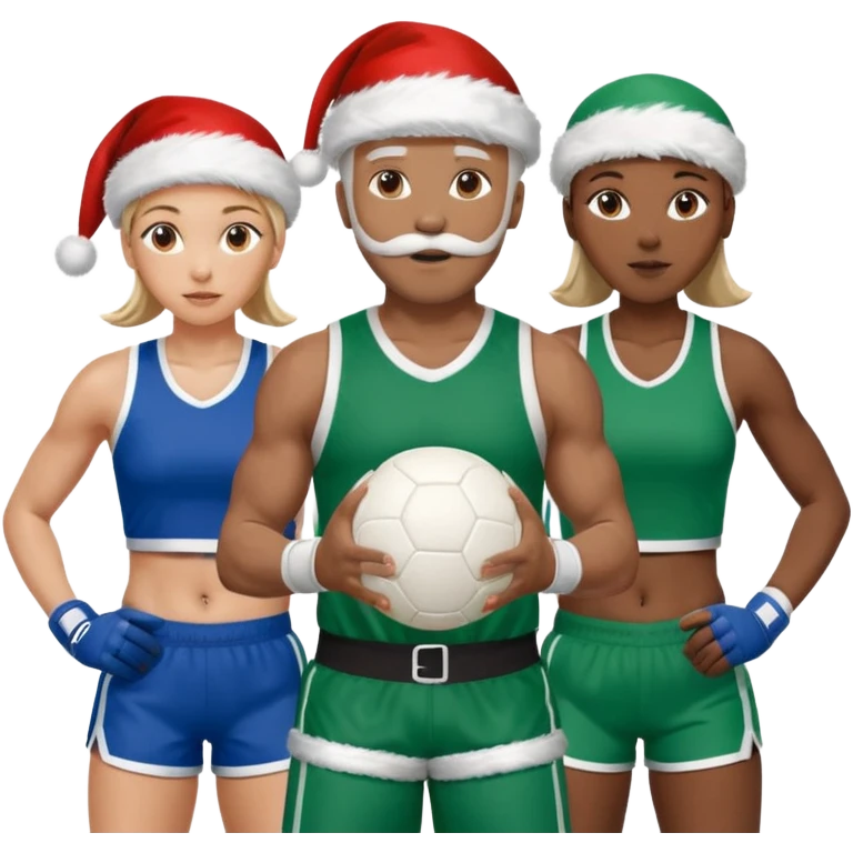 3 atletas, um homem no meio e duas mulheres com cores de pele diferentes, usando elementos esportivos, bola de futebol, luvas de luta e bola de vôlei. Coloque um chapéu de papai noel das cores verde e com roupas azul e branco emoji