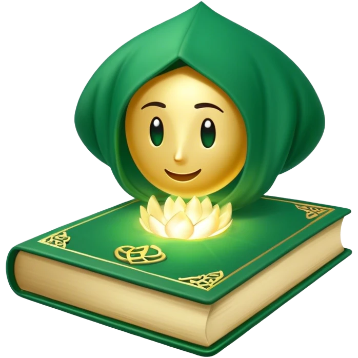 Un libro verde esmeralda con portada con detalles dorados y una textura de terciopelo, con un loto en la portada, irradiando presencia, calma y despertar espiritual emoji