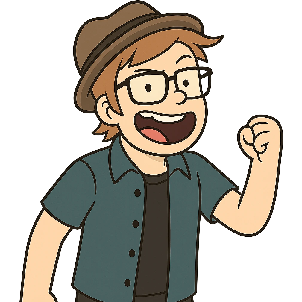 Patrick Stump from Fall Out Boy, cartoon style, signature hat, glasses, energetic expression emoji