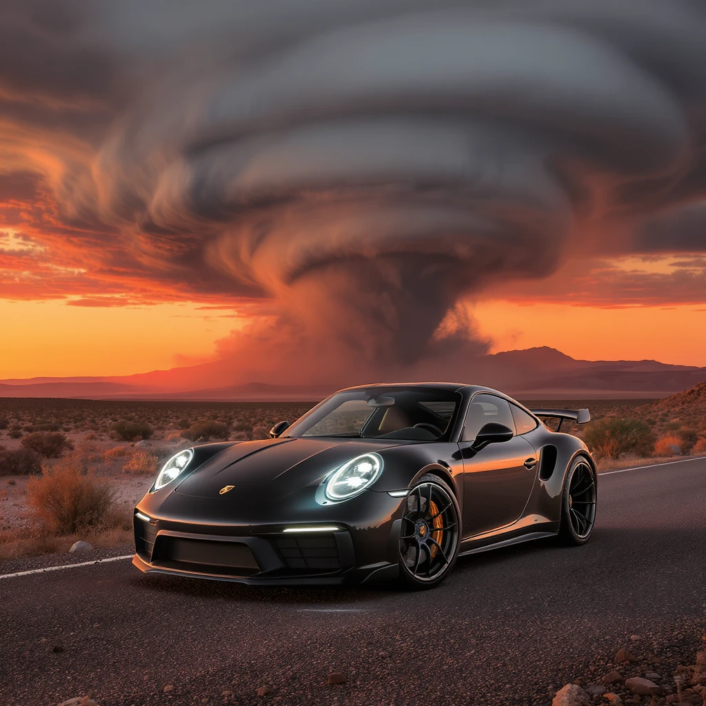 Cinematic still of a A modern desert mountain, wallpaper, modern, porsche 911, sunset, arizona desert, tornado in background emoji