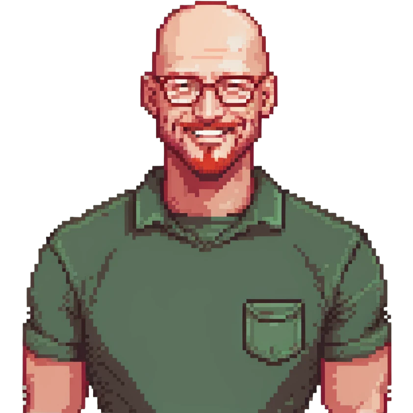 muscular bald man with red goatee and glasses, smiling, wearing a green shirt emoji