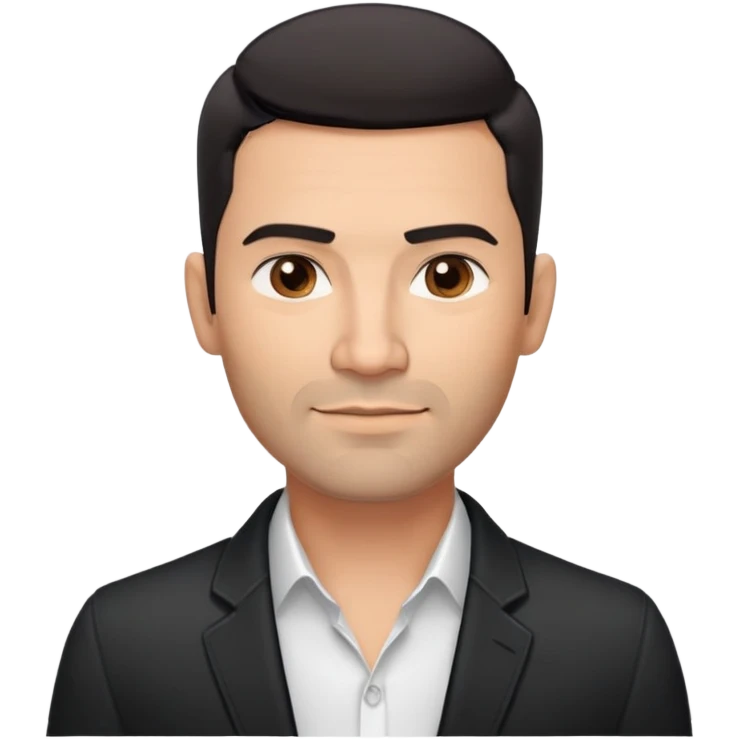 Attractive robust Hispanic man in his mid-40s, light brown complexion, short black hair with prominent fade haircut, light facial scruff, square face with strong jawline, friendly TV presenter expression, unbuttoned black jacket, white shirt with top button open, no necktie emoji