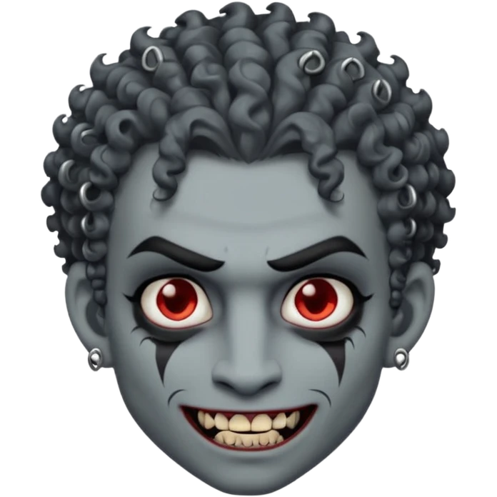 Vampire with grey skin, fanged teeth, piercings on eyebrow, two dermal piercings on cheek, and curly hair male emoji
