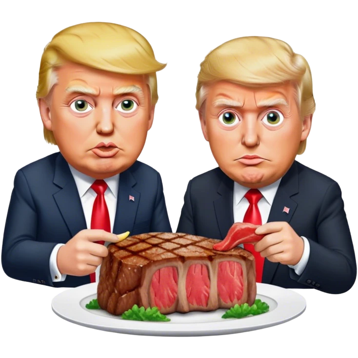 photorealistic Donald Trump and Macron eating a steak shaped like an piece of land emoji