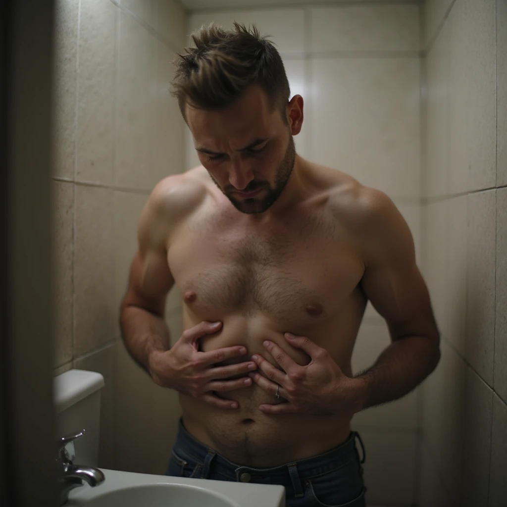 realistic 4K man in the bathroom squeezing his belly with hands and looking at it with a despondent expression emoji