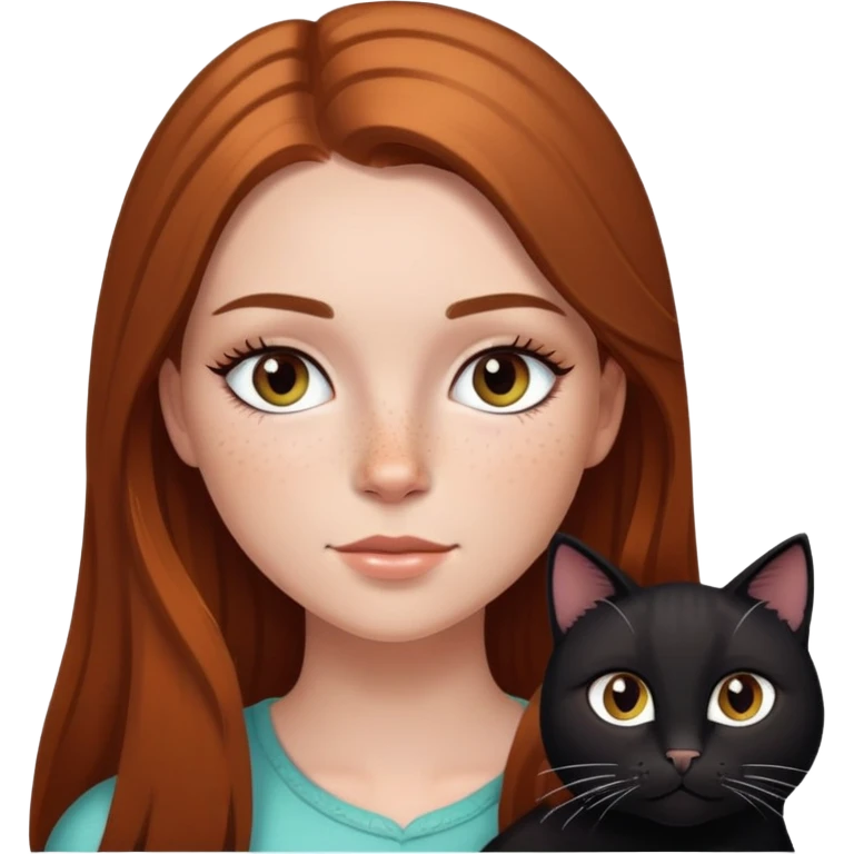 white girl with freckles, eyelashes, long brown straight highlighted hair, and a black cat emoji