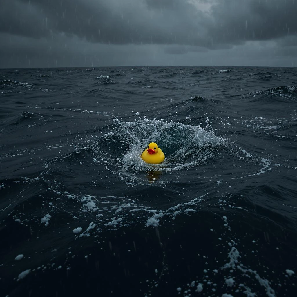  Extreme Closeup shot of Yellow duck toy on ocean during cloudy day, stormy sea, Camera from top, inspired by interstellar emoji