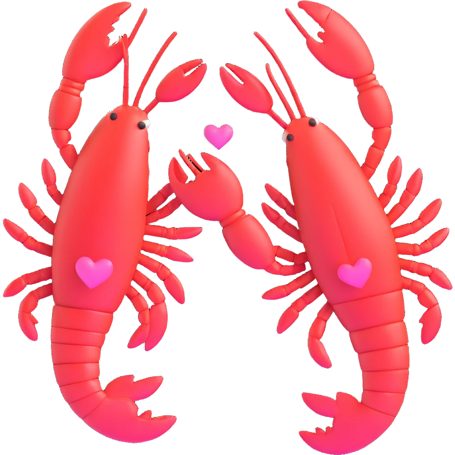 two lobsters in love holding claws with hearts floating above them emoji
