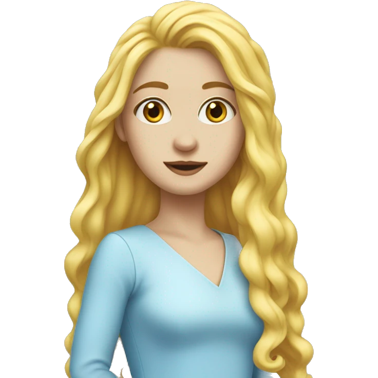 Long yellow hair, loose hair, white skin, sky blue dress, sharp nose emoji