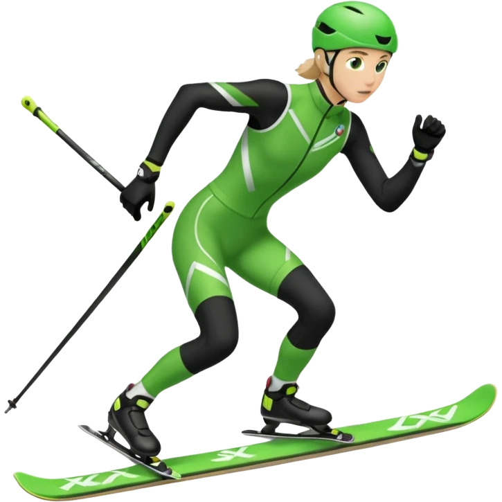 Xc ski racer in green and black clothing. Full body, skating emoji