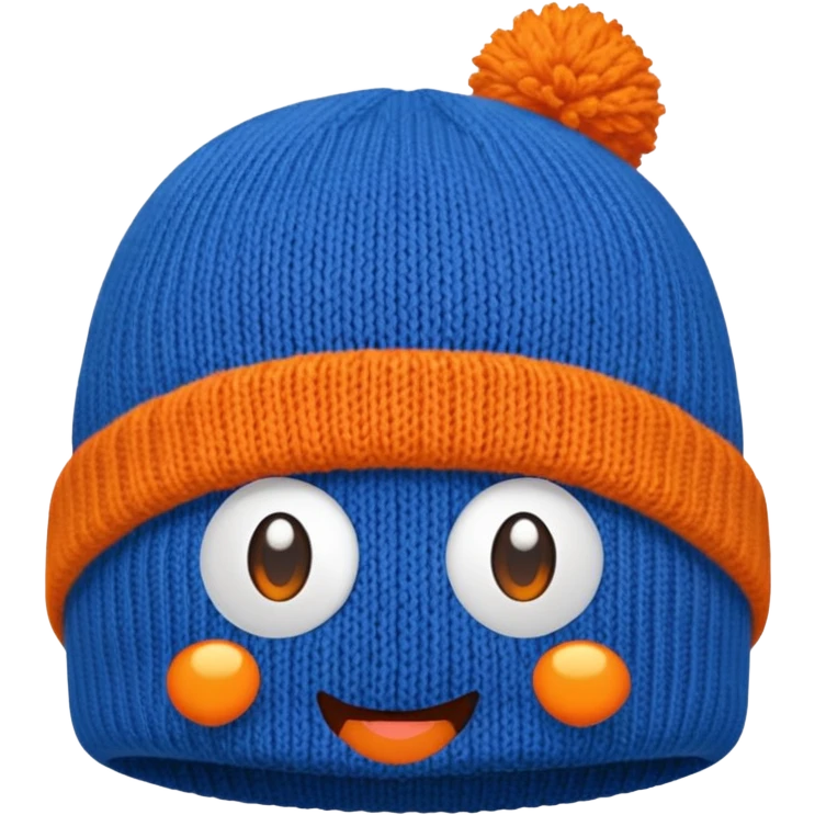 Blue beanie with an orange rim, and an orange puff dot at the top emoji