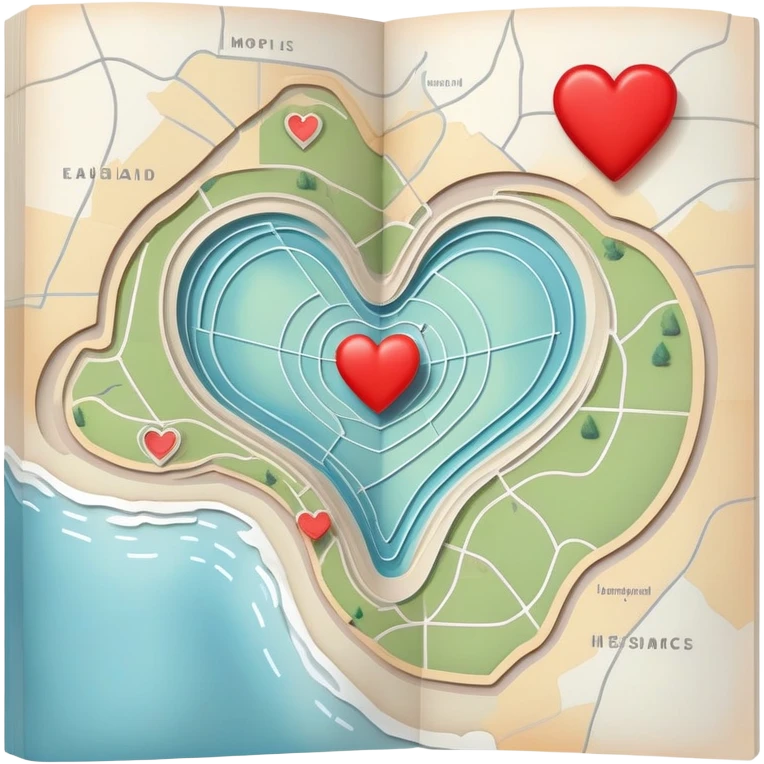 Folded cartographic map with pale ethereal colors, featuring red heart markers and various colored symbols indicating different emotional experiences, topographic lines emoji