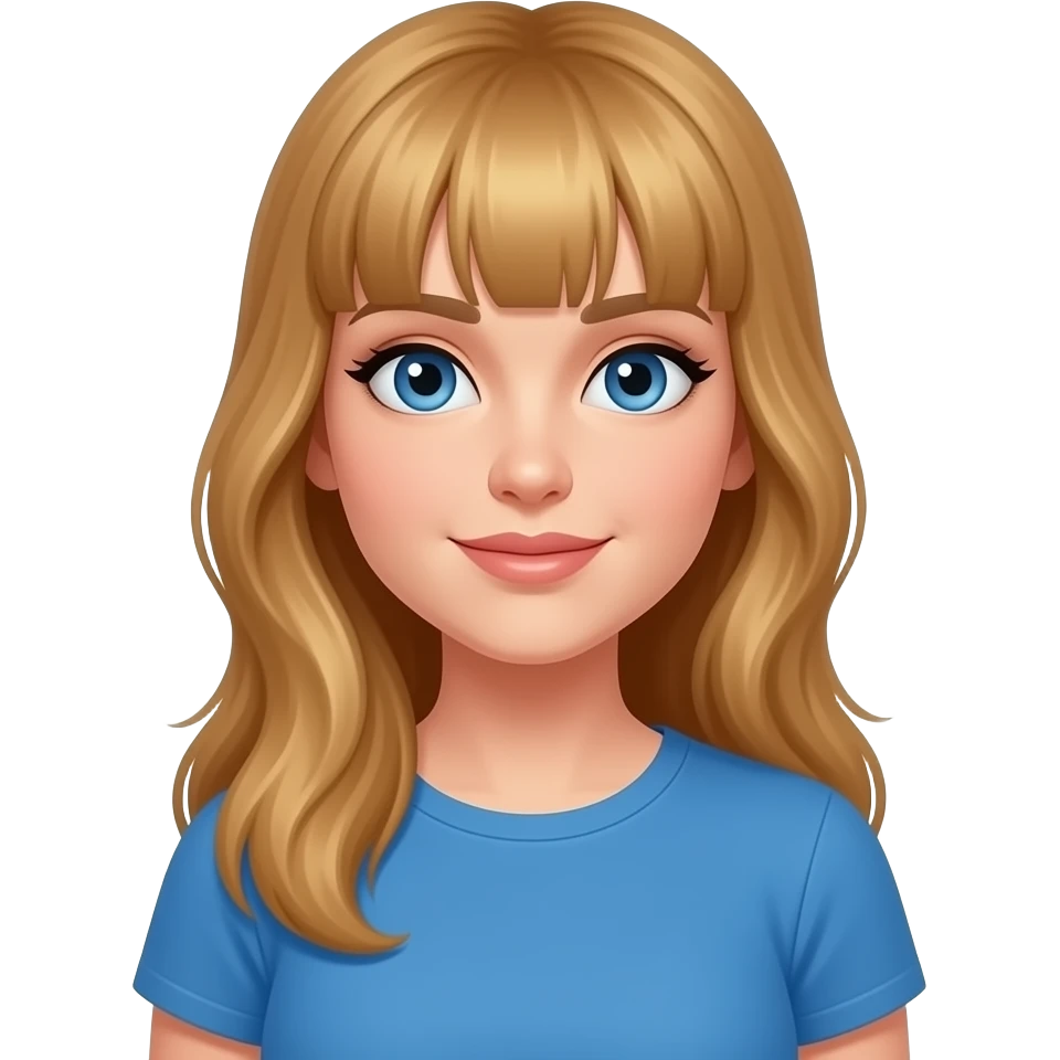 30 year old woman with blue eyes, bangs, long honey blonde hair, and  blue t-shirt emoji