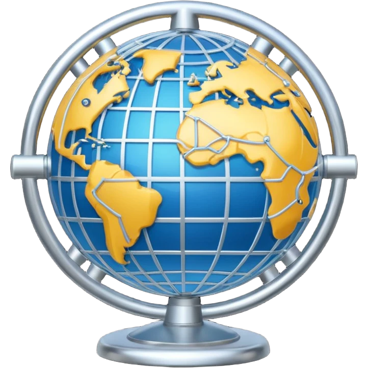 gear and globe, with circuit-style connected nodes, representing global system configuration and connectivity. emoji