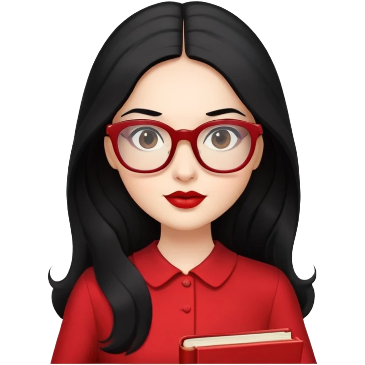 Woman, in red dress, with black long hair, glasses on face, red lips, book in hand emoji