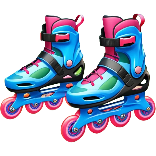 An icon featuring a pair of colorful inline rollerblades resting on a park path. The background showcases winding park pathways, lush green trees, and vibrant flowers along the way. The scene radiates a sense of freedom and outdoor activity under a clear blue sky. Transparent background emoji