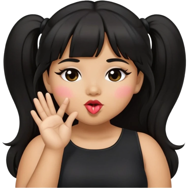 Latina girl with bangs black long hair in pony tail plus size black dress blowing kiss emoji