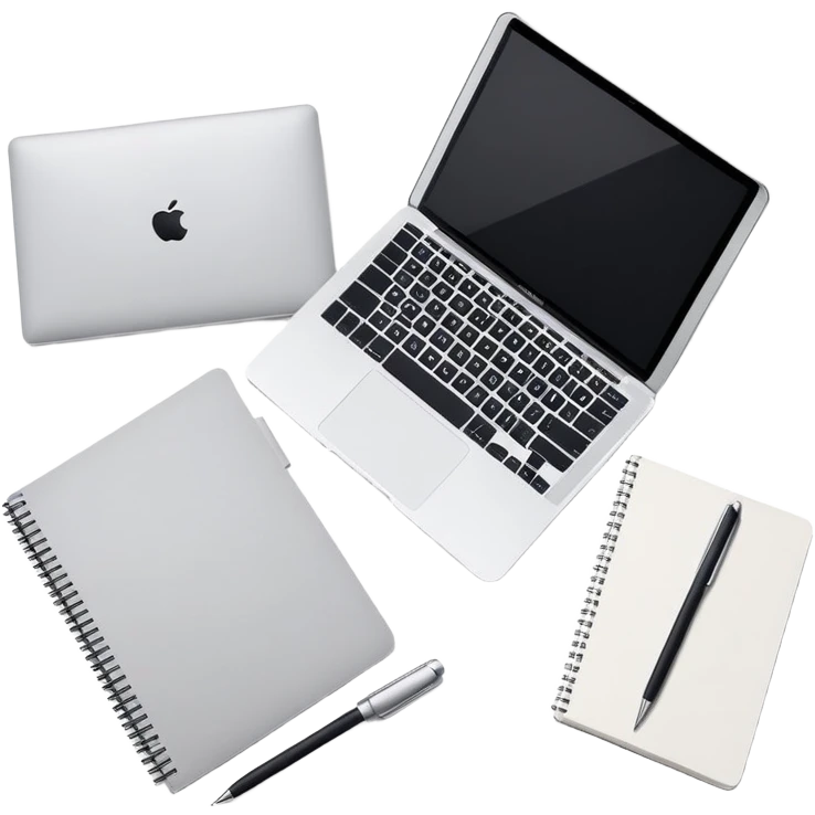 top view of a MacBook and a notebook with a pen nearby, different arrangement emoji