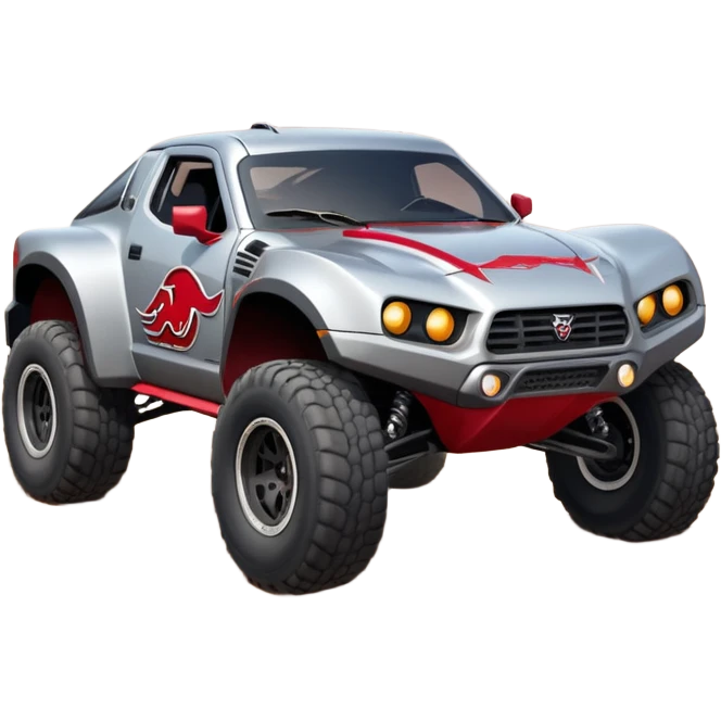 Satan’s (post race) Cabernet Dirty and dented Local Motors Rally Fighter off road race car hot rod trophy truck-style flying on a dusty road (silver wheels) emoji