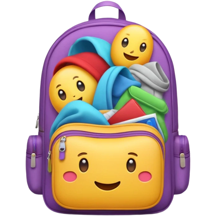 Emoji-style backpack overflowing with clothes, rounded cute shapes, soft shadows, colorful emoji
