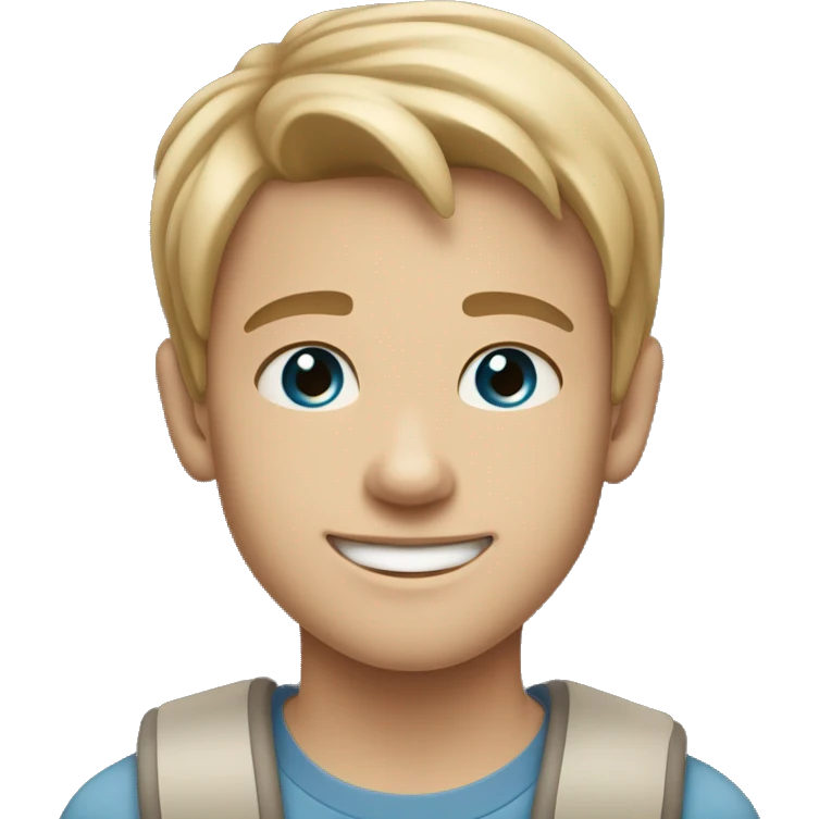 a 13 year old boy smiling with blue eyes and pale tan skin color straight har brown/ blonde emoji