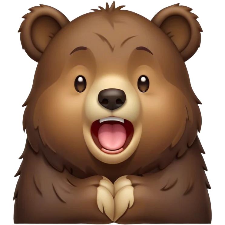 Cinematic Cute Yawning Bear Portrait Emoji, Head tilted slightly with a dramatic, wide-open yawn, showcasing a soft, plush dark brown fur with drooping ears, round eyes barely open in drowsy contentment, Simplified yet irresistibly adorable features, highly detailed, glowing with a soft, cozy glow, high shine, relaxed yet expressive, stylized with a touch of woodland charm, bright and endearing, soft glowing outline, capturing the essence of a sleepy yet affectionate bear, so drowsy it feels like it could lumber out of the screen and curl up for a nap! emoji