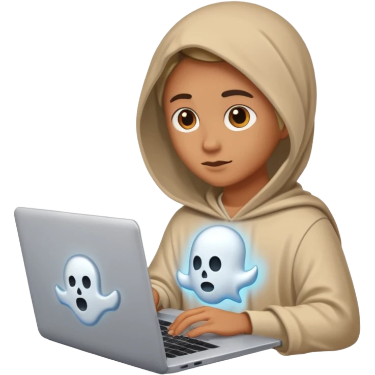 Create an emoji where an ungender person sits in front of the desk, designing ghost characters on laptop. Please refer to the attached image for ghost characters. emoji